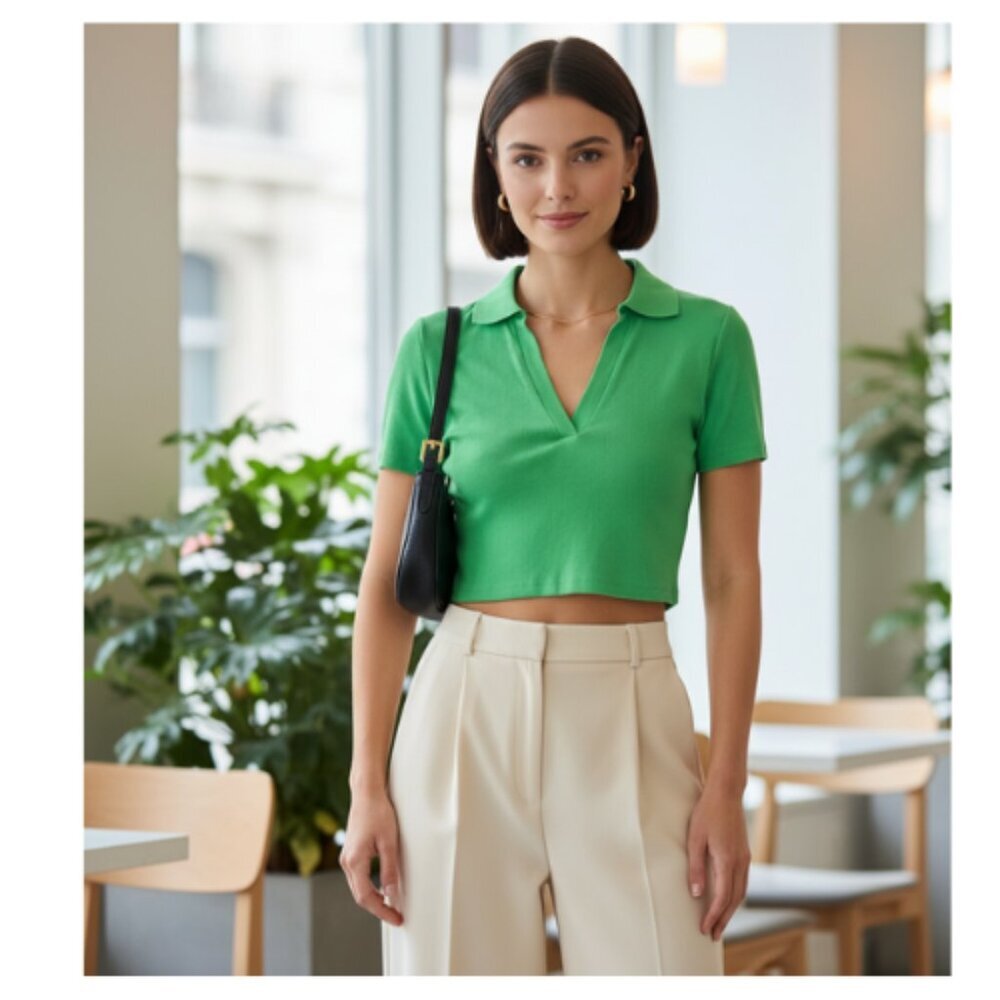 NWT Zara Bright‎ Green Collared Ribbed Crop Top